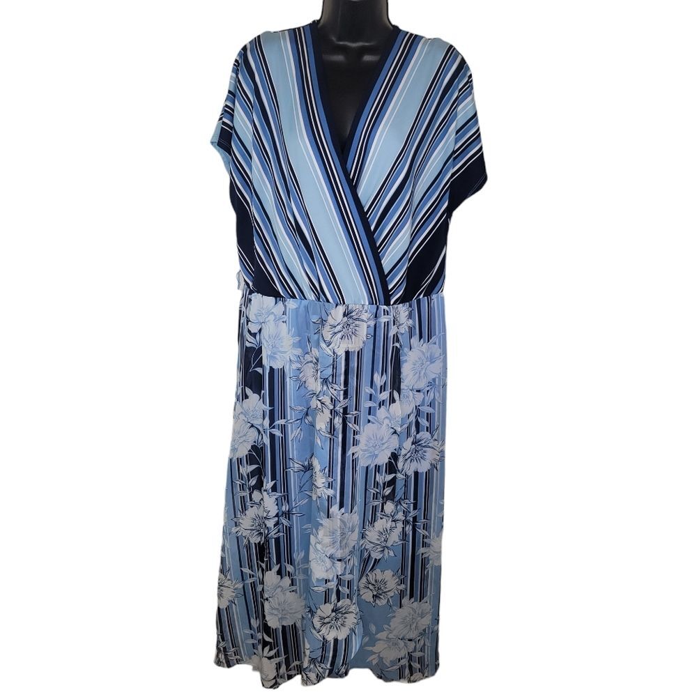 Lane Bryant Blue Floral Stripe Short Sleeve Maxi Faux Wrap Dress Size 18